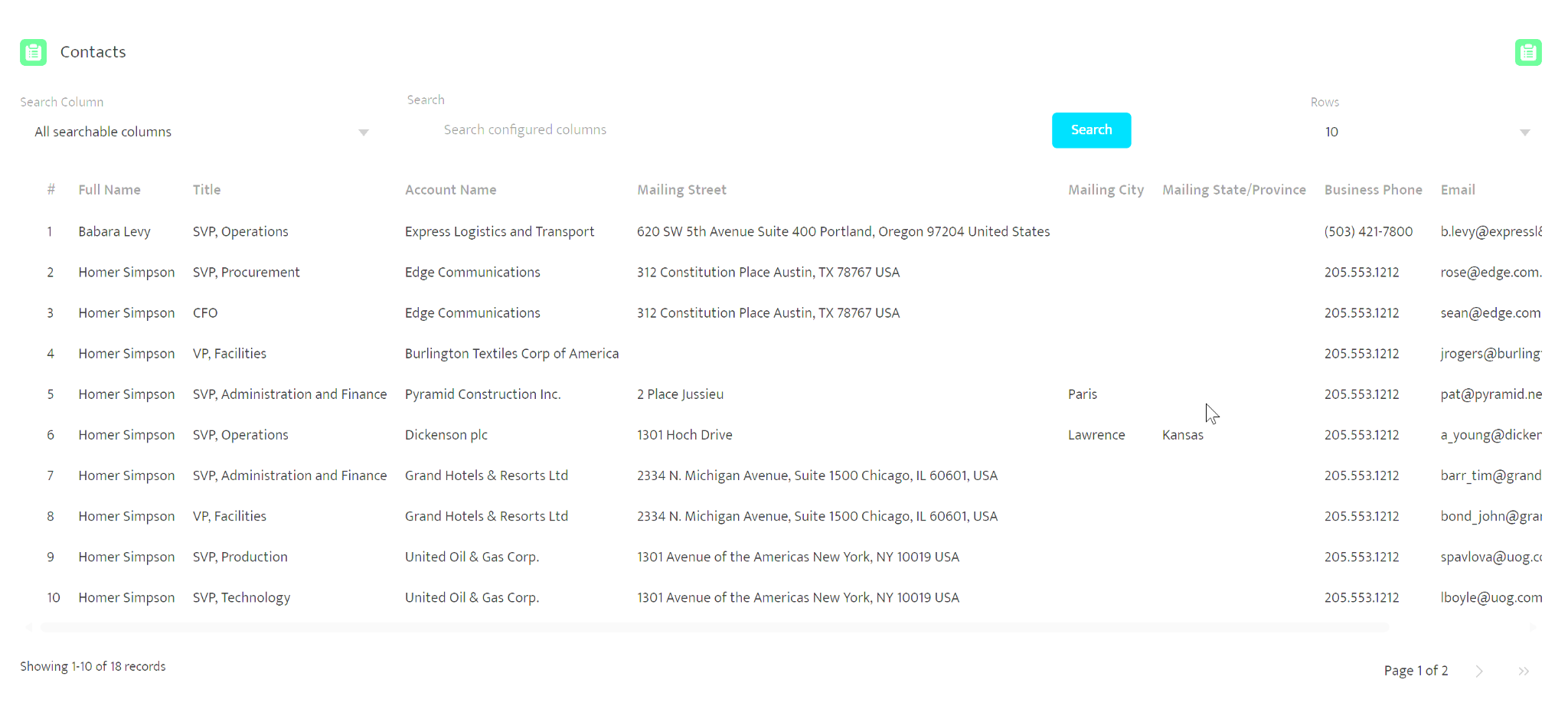 Dynamic Data Table displaying Contact records on an Experience Cloud community page with search, page-size selection, and pagination