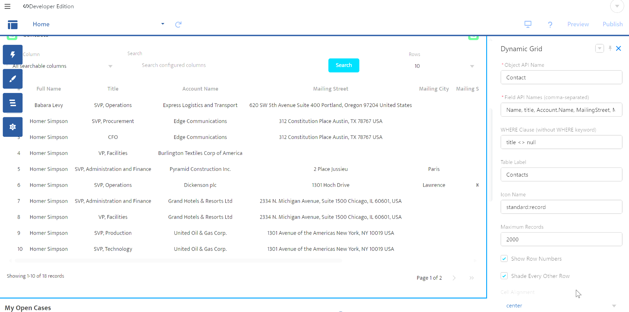 Dynamic Data Table alongside its Experience Builder design attributes for object, fields, WHERE clause, label, icon, record limit, row numbers, and shading